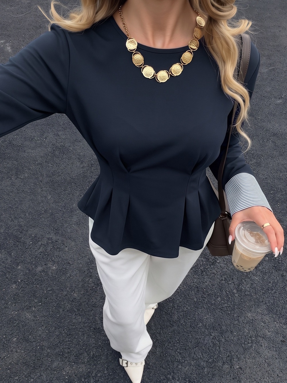 Round Neck Peplum Top with Striped Cuffs